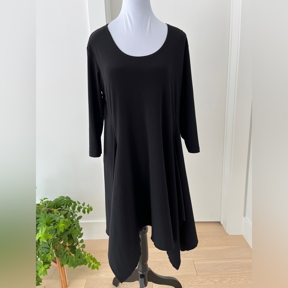 SYMPLI Asymmetric Handkerchief Hem 3/4 Sleeve Jersey Dress Tunic Scoop Neck